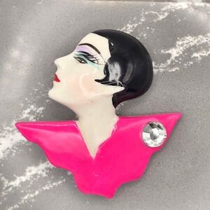Vintage Art Deco Style Flapper Girl Brooch Hand Painted Pink Black Rhinestone